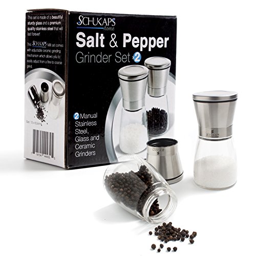 Schukaps Juego de Molinillo Manual de Sal y Pimienta de Acero Inoxidable Pulido y Vidrio con Moledor Ajustable de Ceramica - 13 x 6,5cm - Set DE 2 Piezas Home |