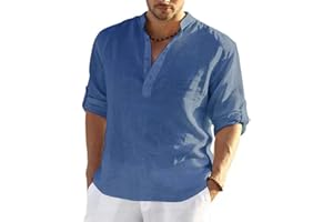 PADOLA Hombre Camisas Lino T-Shirt Suelta Manga Larga Casual Top Color Sólido Camisa de Verano Regular Fit Respirable Henley Camisas Casual