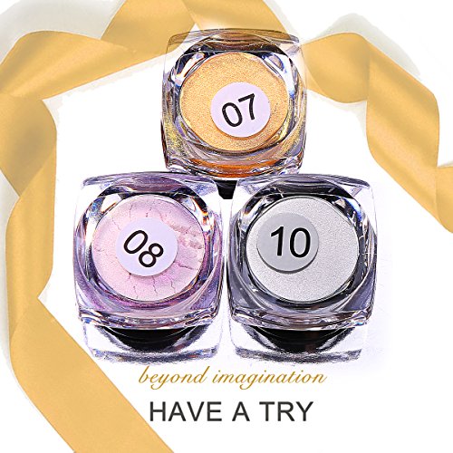 VALUE MAKERS® Pigmente/Glitzerpuder mit Chrom-Effekt für die Nägel, metallisches Finish, 3 verschiedene Farben inklusive Schwamm-Applikator, je 2g - 9