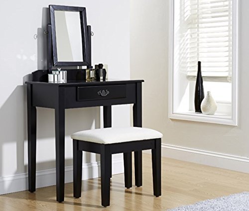 Home Source Dressing Table Set Black Padded Dresser Stool Fabric Adjustable Mirror & Drawer Home Source Dressing Table Set Black Padded Dresser Stool Fabric Adjustable Mirror & Drawer