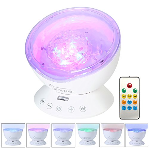 Umiwe Ozean Nachtlicht Projektor Ozeanwellen Meer Fernbedienung Nachttischlampe mit Eingebautem Mini Musik Player [12 LED Beads, 7 Bunte Licht Modi, TF Steckplatz] für Kinder Erwachsene Schlafzimmer Wohnzimmer
