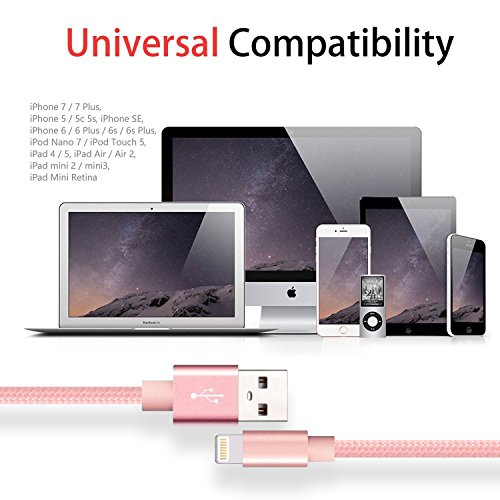 Youer C  ble iPhone Chargeur  3-Pack 1m 2m 3m C  ble Lightning vers USB de Nylon Tress   Robuste avec Connecteur en Aluminium pour Apple iPhone X   8   8 plus   7   7 plus   SE   6s   6s plus   6   6 plus   5s   5 iPad Air iPad mini Rose 