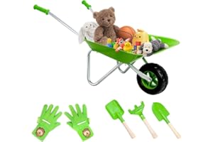 Hortem Wheelbarrow Set Children, Metal Construction Wheel Barrel Easy to Assemble and 3 PCS Kids Gardening Tools,Garden Gfits for Childr (Green)