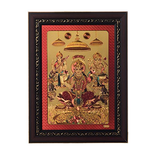 eCraftIndia Laxmi Ganesh Saraswati Framed Synthetic Wood Laminated Golden Foil (28 cm x 1.3 cm x 38.1 cm)