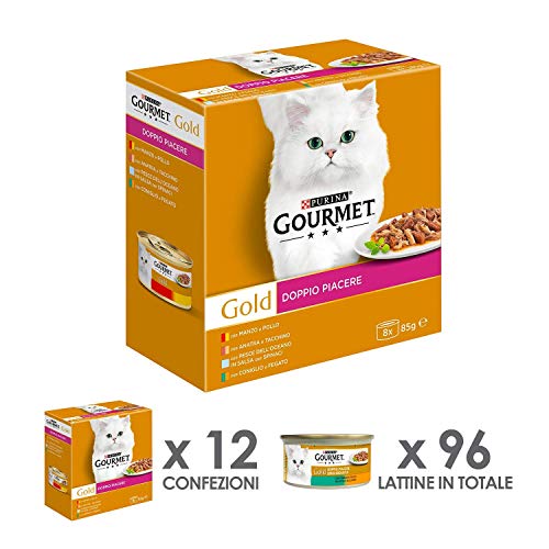 Purina Gourmet Gold Umido Gatto Doppio Piacere con Manzo e Pollo, Coniglio e Fegato, Pesce dell'Oceano, Anatra e Tacchino - 96 Lattine da 85 g Ciascuna (12 Confezioni da 8 x 85 g)