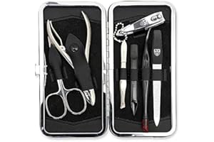 DREI SCHWERTER - Juego de manicura de 7 piezas de Alemania 'Pesaro' | Set de uñas en piel auténtica negro | Contenido: tijeras para cutículas, alicates, pinzas, lima de uñas de zafiro, doble