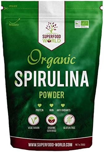 Organic Spirulina Powder by Superfood World | Blue-Green Algae Pure Dietary Superfood | Great Source of Protein &amp; Iron| Certified Organic, Ideal for Smoothies, Sports Nutrition, Detox &amp; Energy 250g