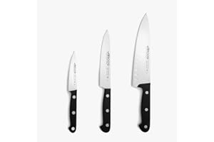 ARCOS Estuche de 3 Cuchillos Básicos de Cocina. Pack de Cuchillos con Hoja de Acero Inoxidable y Mango de Polieximetileno Aptos para Lavavajillas. Serie Universal. Color Negro