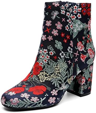 Best 4U? Women's Shoes Winter Fall Boots Chunky Heel Round Toe Martin Boots Embroidery Rose Flower Black , 38