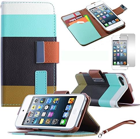 iPod Touch 5th 6th Generation Case, iPod Touch 5/6 Case Genuine ZAFOORAH PU Leather Multi Colour Stripes Wallet Stand with 3 Bonus items Stylus, Screen Protector, Microfiber Cloth (PU Leather - Multi Colour Stripes - Turquoise)