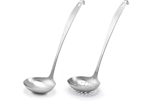 TENTA KITCHEN Lot de 2 louches de cuisine, cuillère de service et louche avec crochet et trou pour une suspension facile, louches à soupe en acier inoxydable pour cuisine