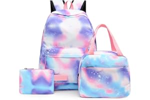 YILCER School Bag Girls Sets, 3 in 1 Children Backpacks Lightweight Galaxy Rucksack, Tie Dye Aesthetic Schoolbag with Lunch Bag and Pencil Case for Primary Secondary Middle School Girls, Star Purple