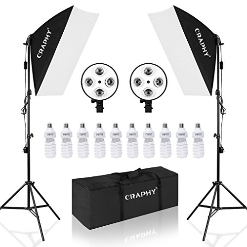 CRAPHY Softbox Focos Kit de Iluminacion Estudio Fotografia, con 10 Bombilla 45W, 2 Ventana de Luz de 4-Cabezal E27, 2 trípodes de Luz y 1 Bolsa de Transporte