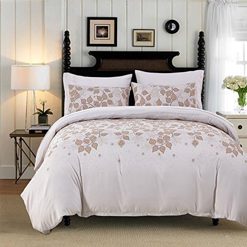 Duvet cover and pillow shams set king queen twin size with hidden zipper closure brief style leaves print super soft microfiber fabric (TWIN)