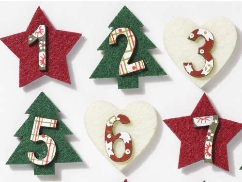 Mini-Holzzahlen-Set 1-24 sort. ca. 30 mm, Filz, rot-grün-creme, Advent, Adventskalender - 2
