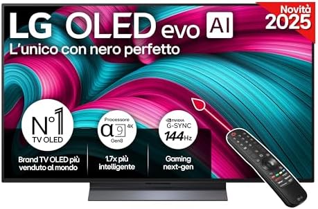 LG OLED evo AI C5 TV 48 pollici, Smart TV 4K, Processore α9 Gen8, webOS con AI, Dolby Vision & Atmos, Gaming con VRR e GSYNC 4K@144Hz, 4 HDMI 2.1, Alexa, OLED48C56LB 2025