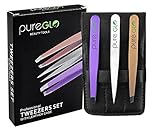 pureGLO Precision Tweezers Set - 3pcs Stainless Steel Best Pointed Slanted Flat Tweezers for Ingrown Hair, Eyebrow Shaping, Nose Hair and Splinters - Hair Removal Tool with Faux Leather Black Case