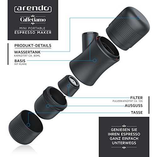 Arendo – Espressomaschine To-Go | Portable Kaffeemaschine (Outdoor) | Mini Portable Espresso Maker | 80ml | ~ 8 Bar | BPA-frei | schwarz - 3