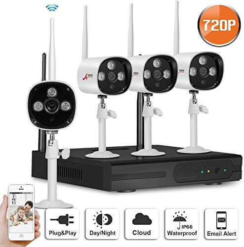 Swinway Home Security CCTV Camera Systems Wireless CCTV Kit Outdoor Security Camera with 4 Wireless IP Cameras 720P Waterproof Night Vision Plug and Play Support Phone Remote Viewing NO Hard Drive