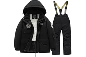 SUYUKU Kid Boy Snow 2 Anzug Winter Gril Boy Schneeanzug Mode Kapuzenmantel Warme Latzhose Kinder Mädchen Wasserdicht Skianzüge Thermo Plüsch Outdoor Kinder Winter Verdickte Daunenjacke Anzug
