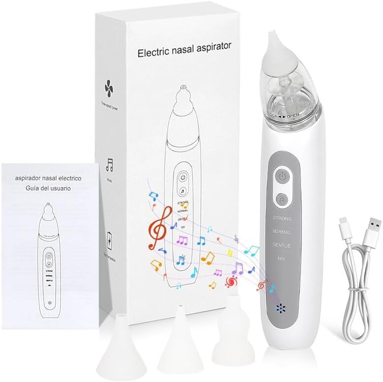 Nasensauger Baby Elektrisch, Nasenreiniger Wiederaufladbar mit 3 Saugstufe & 3 Silikon Tipps, Wiederaufladbar Mit Licht Und Musikfunktion, Anti Reflux Nasensekretsauger für Neugeborene, Kleinkinder