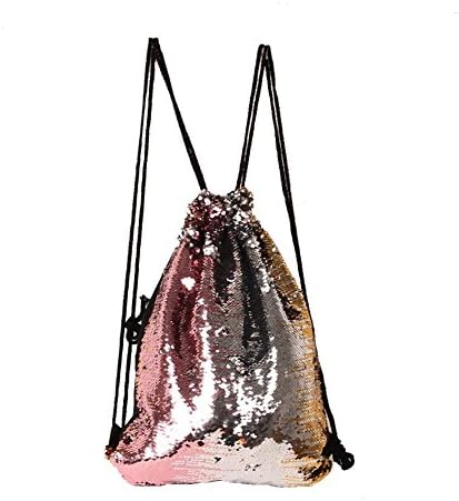 AIURBAG Mermaid Sequin Drawstring Gym Bag For Women, Reversible Sequin Backpack Glittering Shoulder Bag,Pink