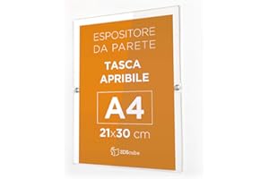 3DSCUBE targa in plexiglass da parete a tasca apribile, porta avvisi e depliant formato A4 verticale 21×30 cm, completa di borchie in alluminio