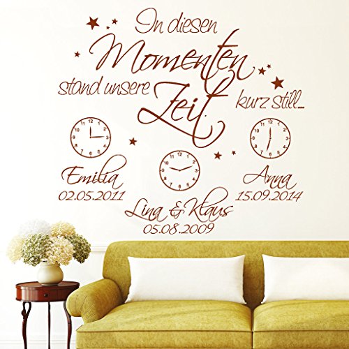 Wandtattoo Loft Schriftzug „In diesen Momenten stand unsere Zeit kurz still…“ mit Ihren Wunschdaten und Uhren / 54 Farben / 3 Größen / BITTE TEILEN SIE UNS IHRE WUNSCHDATEN IM ANSCHLUSS AN DIE BESTELLUNG PER NACHRICHT MIT!!! / nougatbraun / 80 cm Hoch x 90 cm Breit - 3