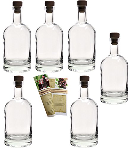 6 leere Glasflaschen "Klassik" 500 ml incl. Holzgriffkorken, schwere Flasche, zum selbst Abfüllen Likörflasche Schnapsflasche