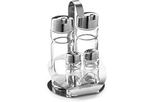 Forgast Set per Spezie 4 Elementi con Stand, Saliera, Pepiera, Dispenser per Olio e Aceto, in Acciaio Inox, Spargisale e Pepe, Transparente, Facile da Pulire, Lavabile in Lavastoviglie