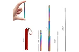 APIKA Pailles télescopiques réutilisables - Pailles à boire portables en acier inoxydable avec brosse de nettoyage, étui et mousqueton (rouge+Paille arc-en-ciel)