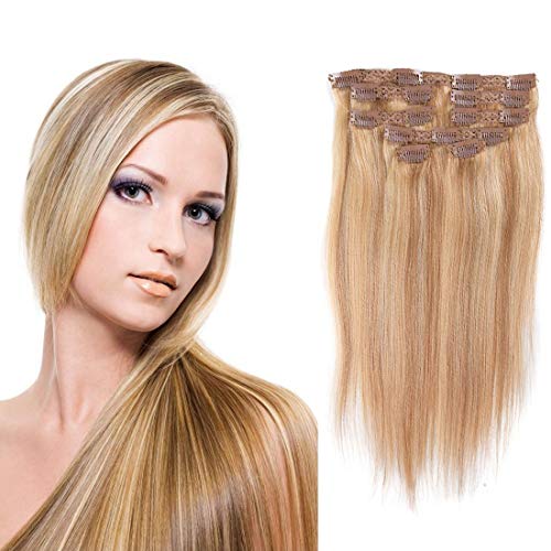 Clip en extensiones de cabello Extensiones verdaderas del pelo humano del 100% Pelo remy para mujeres 8 PCS por juego, Longitud (45,72 cm, 27/613 color)