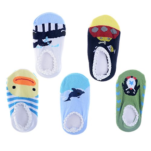 Pinksee Baby Infant 5 Pairs Cotton Animal Stripes Anti Slip Booties Socks 0-18 months (Boys)