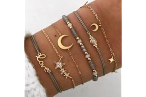 Wedity Bracelets Star and Moon Triangle Black Turquoise Beaded Bracelets Map Flower Waves Hand Accessories Adjustable for Women and Girls (C)