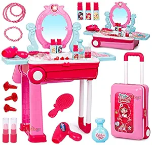Zest 4 Toyz Beauty Makeup Kit for Doll Girls Cosmetic Set 2 in 1 Vanity Table Portable Trolley Pretend Play Set Toy with Make up Accessories for Kids Plastic (Pink) 21 Pieces