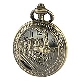SIBOSUN Antik Manner Taschenuhr Mit Kette Bronze-Fall 3D Lokomotive Dampf Zug Eisenbahn Hohl + Box