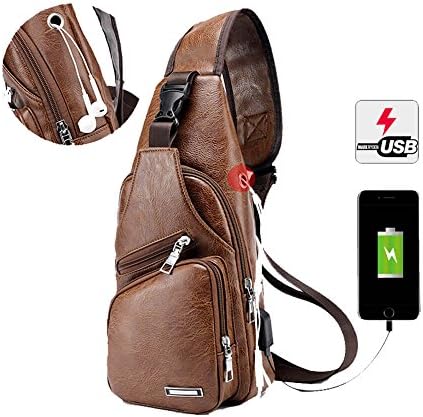 Sling Bag for Men Shoulder Gym Daypack Chest Sack Satchel Outdoor Bag with USB Charging Port (Brown)