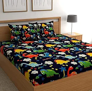 HOMYBEES Microfiber Supersoft Cotton Queen Size Bedsheet Set, 90 x 100 Inches, Set of 1 Bedsheet with 2 Pillow Covers, Blue Animal Dinosaur