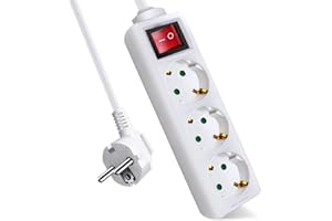 EXTRASTAR Regleta Alargador con 3 Enchufes e Interruptor, Cable 1.5M, para el hogar, Oficina y Viajes, 16A, 250V, 3680W, Blanco