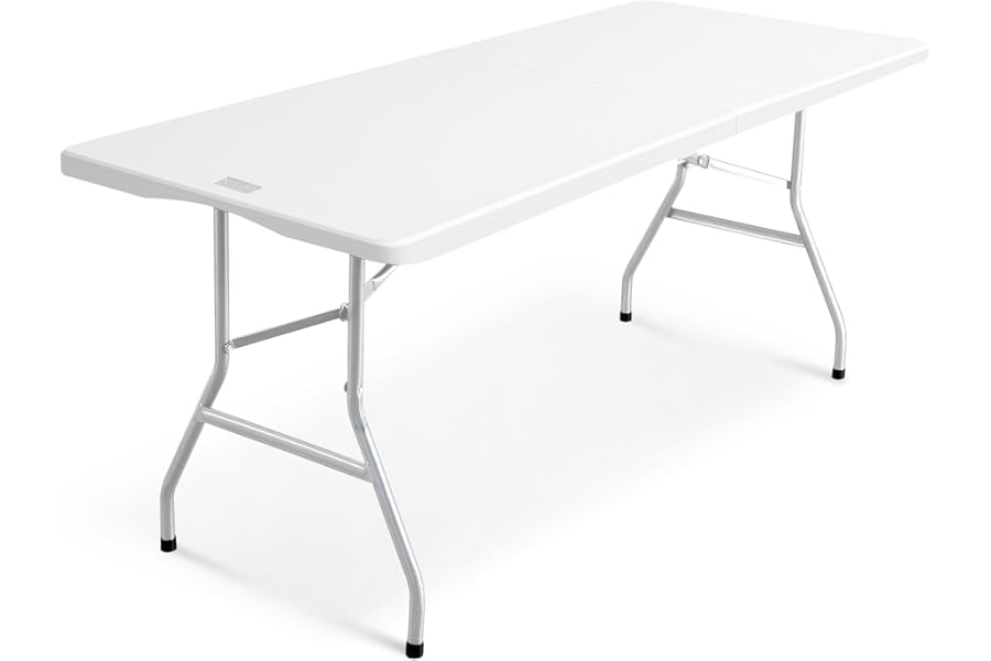 KEPLIN 6ft Folding Table with White Top, 180x70x74cm – Sturdy Metal Frame, Waterproof, Portable & Easy Assembly – Ideal for Parties, BBQs, Camping (White.)