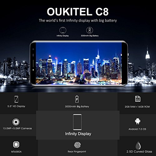 OUKITEL C8 3G Smartphone Android 7.0 5.5Zoll FHD Gorilla Glasschirm 2GB RAM+16GB ROM 3000mAh Akku 5MP Frontkamera+13MP Hauptkamera 1280 * 624 Pixel Fingerabdruck 12V/2A Flash Charge 1,3 GHz Quad Core Dual-SIM (Schwarz)