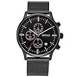 Baogela Herren Chronograph Quarz Uhr Wasserdicht mit Schwarz Edelstahlarmband 1611