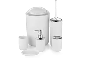 GMMH – Set di 6 accessori da bagno, con dispenser per sapone, porta saponetta e scopino per WC (modello 3, bianco)