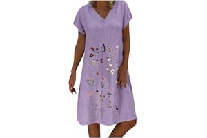 NNGOTD Femmes Coton Lin Chemise Robes boutonnées Col V Robe Tunique Chic Et Elegant Fête Cocktail Mini Shirt Robe sans Manches Imprimé Floral Bohème Grande Taille Pas Cher Mini Jupe De Plage Robe Courte Sexy