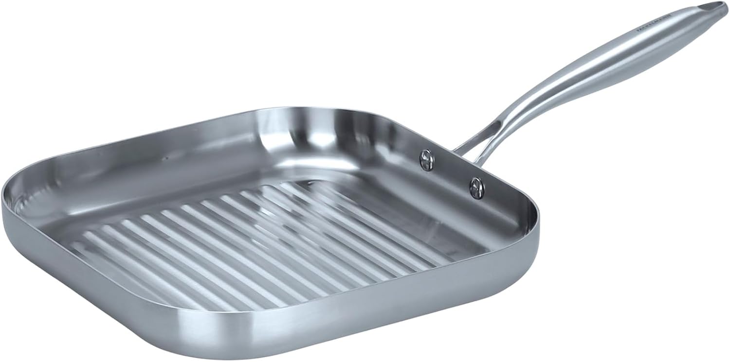 Fackelmann Vita3 Sartén Grill de Acero Inoxidable 28 cm, Acero Inoxidable Triply con Triple Fondo Difusor, Sin Antiadherente, Sin PFA, Apta para Inducción, Gas, Vitro y Horno, Apto Lavavajillas