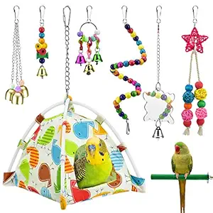 KATUMO Bird Parrot Toys, Bird Nest Hut Hanging Habitat Tent Colorful Wood Beads Hanging Mirror Bird Perch Chewing Bell Toys for Conures, Cockatiel, Budgerigar, Lovebird, Sparrow Ect Small Birds