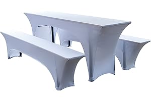 Tenger Home Elastische Hussen für Bierzeltgarnitur Biertischhussen Bierbank-Auflage & Tischdecke für 70cm 3 TLG-Set Breite Stretch Hussen für Festzeltgarnituren Bierbank (für 70 cm Tisch, Weiß)