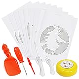 com-four® 6-teiliges Kürbis Schnitz-Set zum Aushöhlen von Kürbissen mit blinkendem LED Kürbislicht, Schneidesäge, Schaufel, Markierer, Kopierrad und 9 gruselige Vorlagen (06-teilig - Schnitzset)