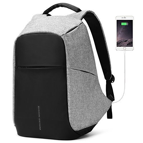BISON DENIM Laptoprucksack Business Gesch  ft Rucksack mit USB Lade Port wasserdichte durable Polyester Notebook Rucks  cke f  r M  nner und Frauen Ar