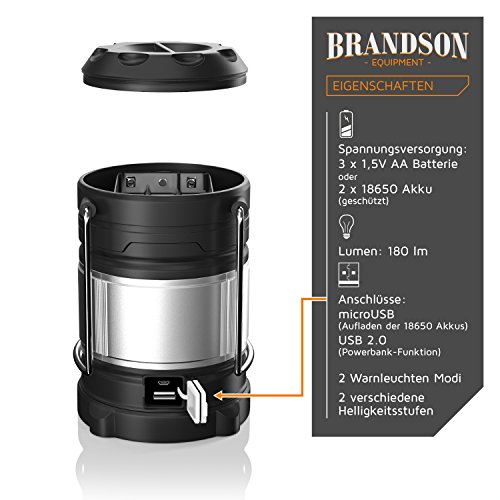 Brandson – LED Campinglampe / Laterne ausziehbar | Powerbank-Funktion (USB 2.0 High Speed) | LED Camping-Leuchte | 2 verschiedene Helligkeitsstufen | 2 Warnleuchten Lichtmodi (rot/rot blinkendes Licht) | Energieeffizienzklasse A+ - 3